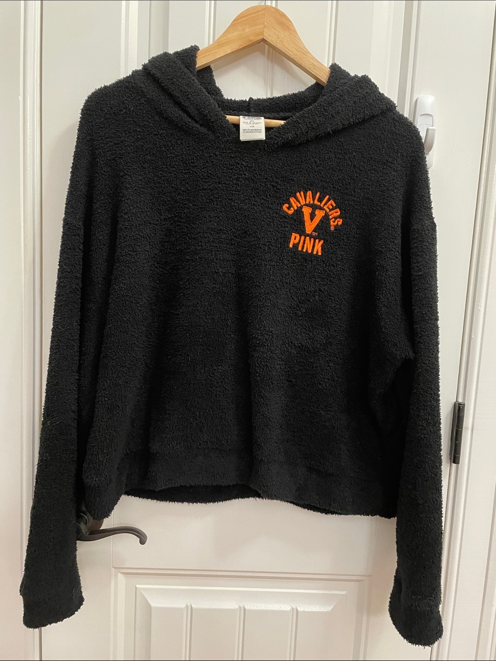 PINK Victoria's Secret Black Sherpa Hoodie with Orange Cavaliers Logo